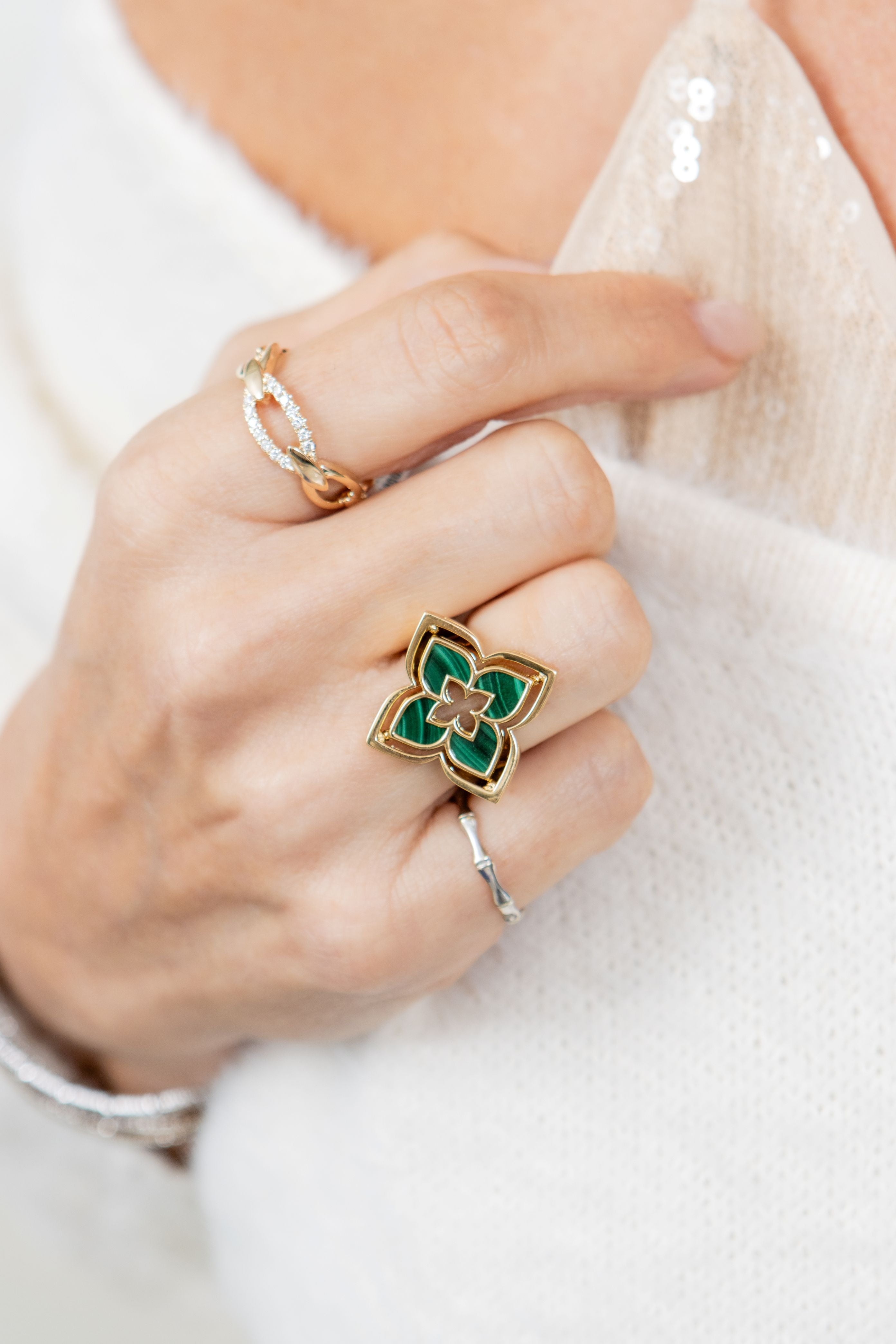 Roberto Coin Malachite Venetian Princess Pirouette Flower Ring in 18K Yellow Gold, Size 6.5