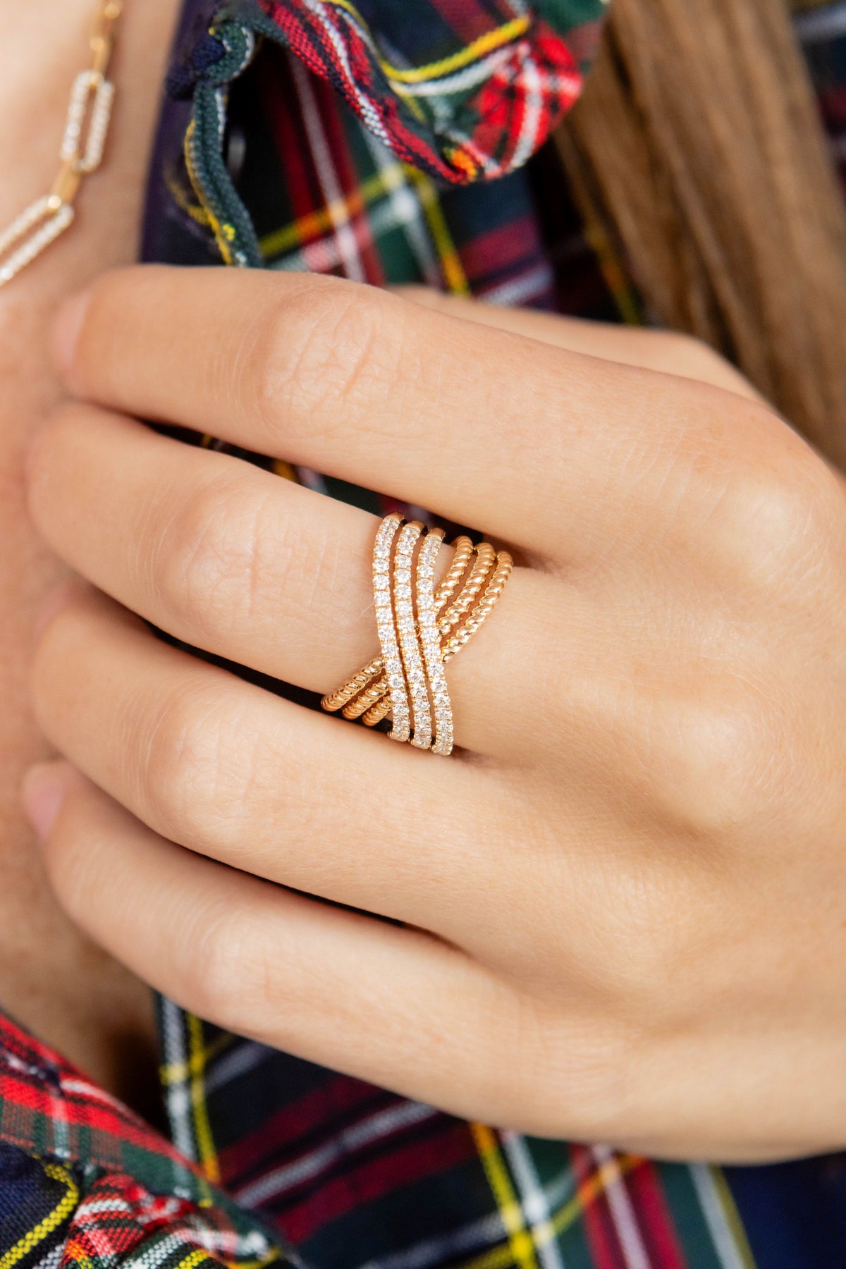 Rope Pave Diamond X Ring in 14K Yellow Gold, Size 7
