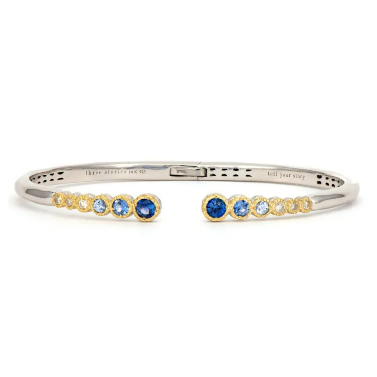 Three Stories Open Bezel Set Blue Sapphire Bangle in 14K Yellow Gold