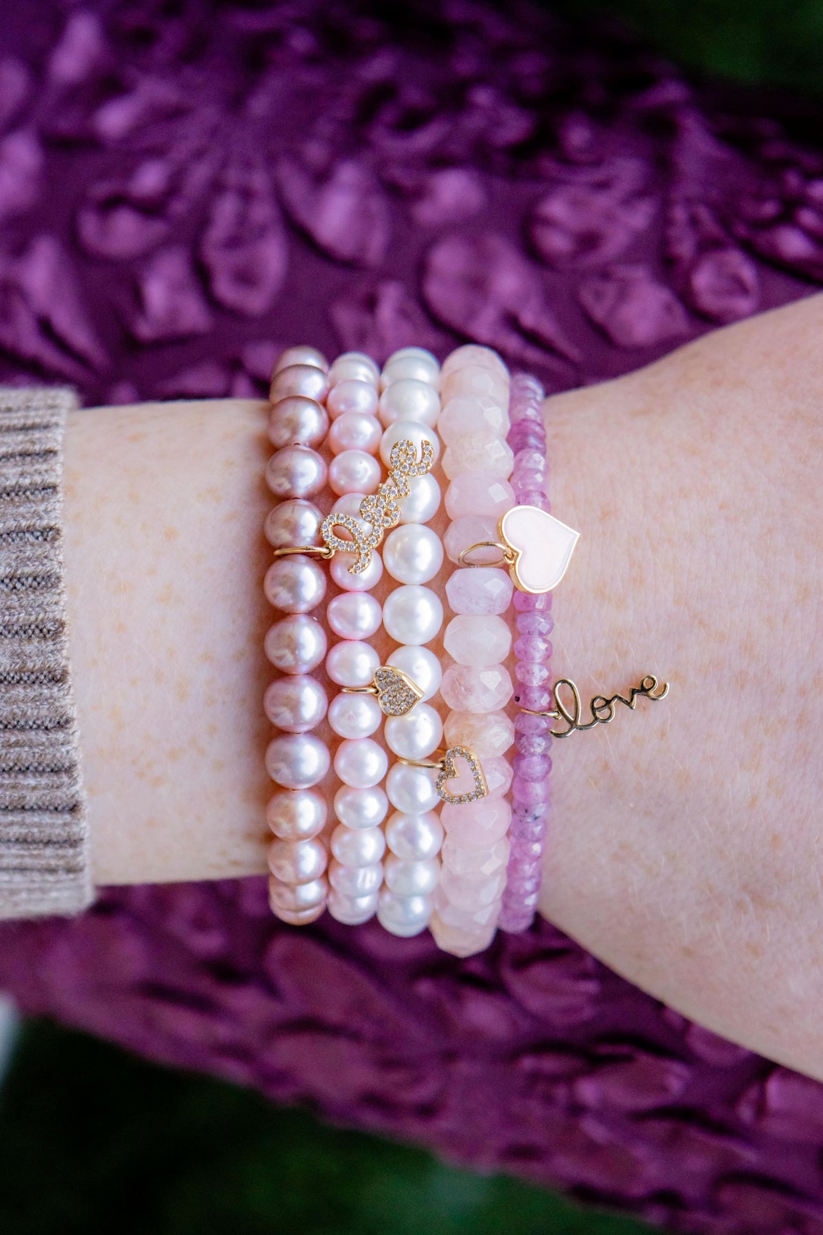 Sydney Evan Mini Love Charm Rose Pearl Beaded Bracelet in 14K Yellow Gold