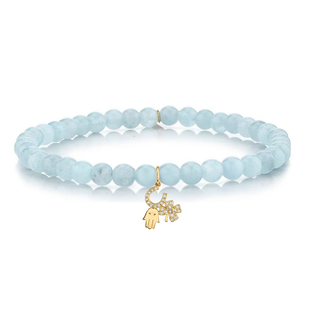 Sydney Evan Luck & Protection Charm Aquamarine Beaded Bracelet in 14K Yellow Gold