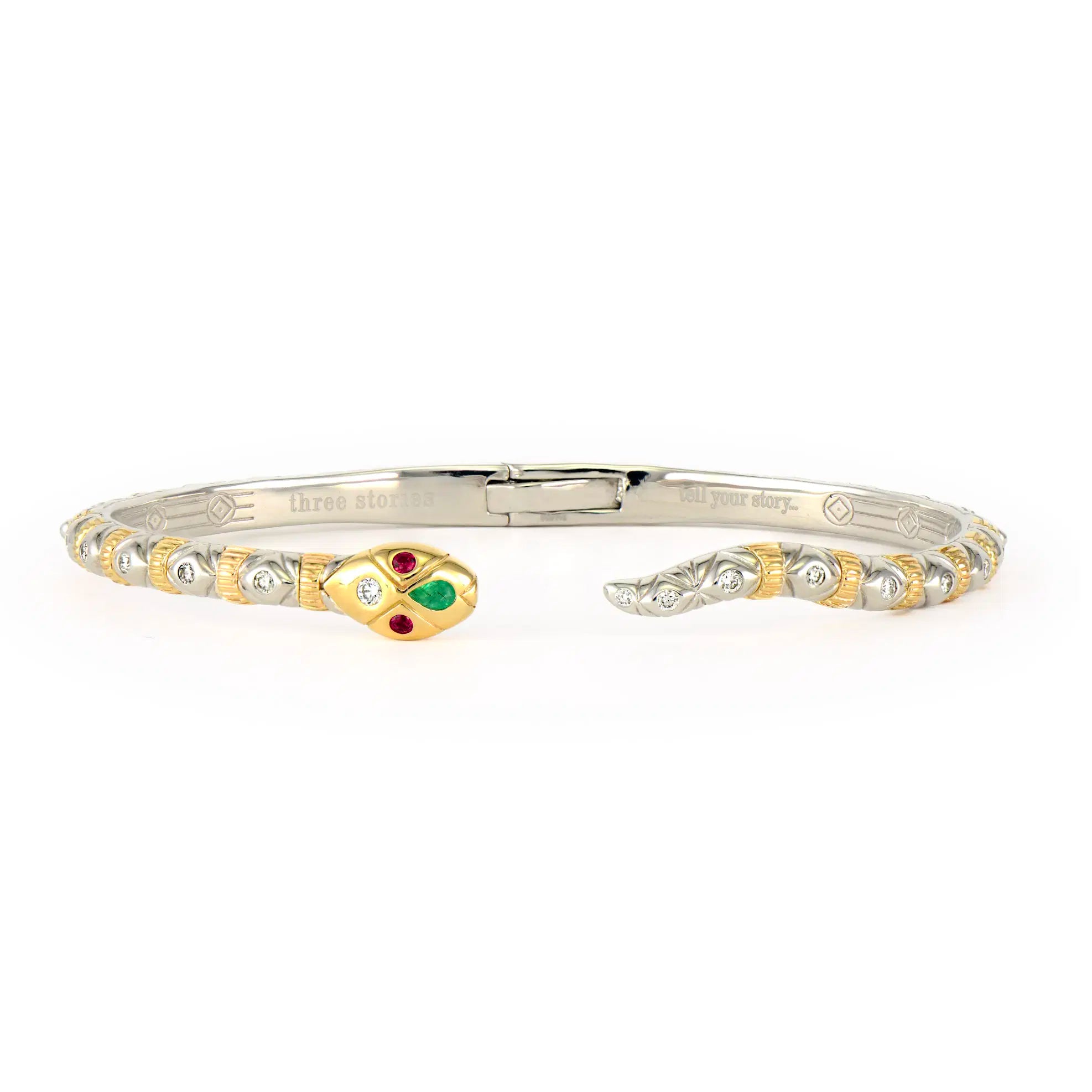 Three Stories Snake Diamond Ruby & Emerald Bangle in 14K Yellow Gold