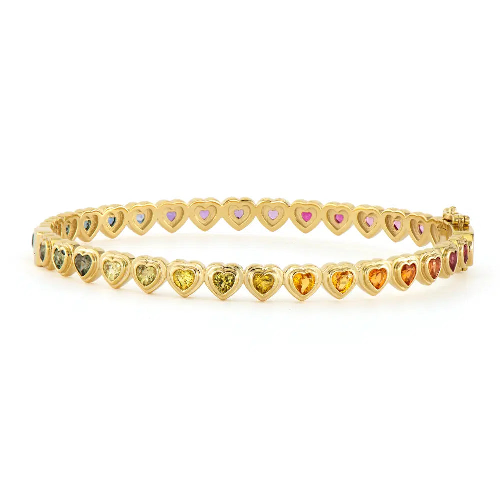 Three Stories Show Your Love Sapphire Rainbow Heart Bangle in 14K Yellow Gold