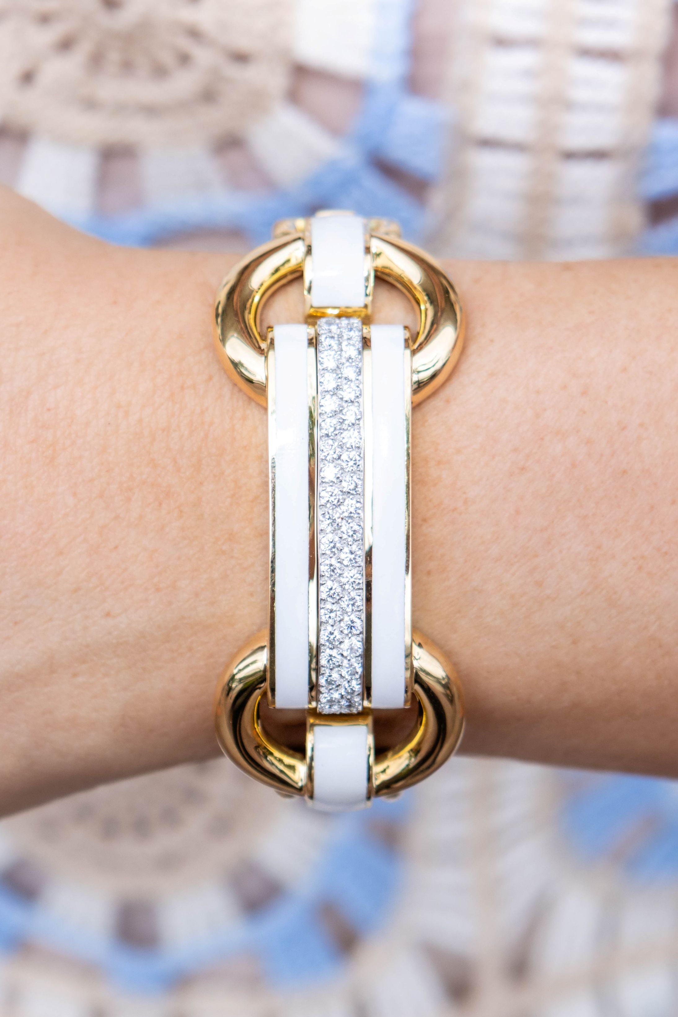 David Webb Bridle White Enamel Cuff in 18K Yellow Gold