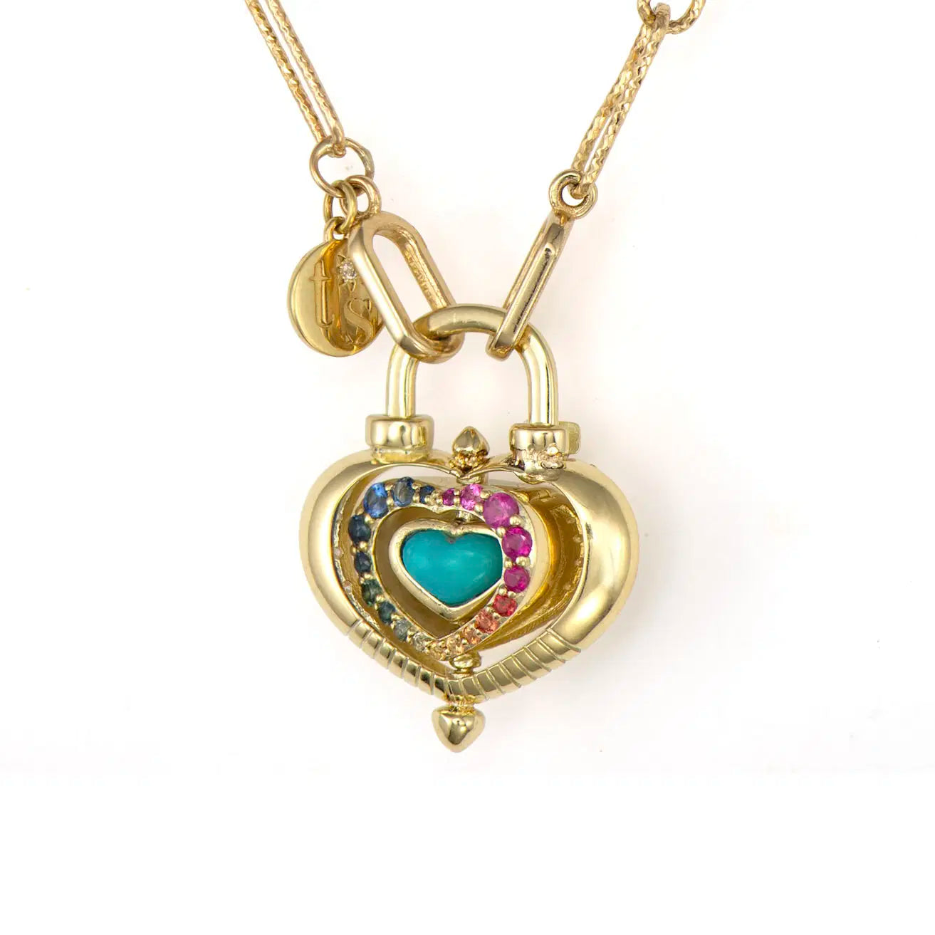 Three Stories Rainbow Diamond Turquoise Heart Spinning Lock Pendant in 14K Yellow Gold