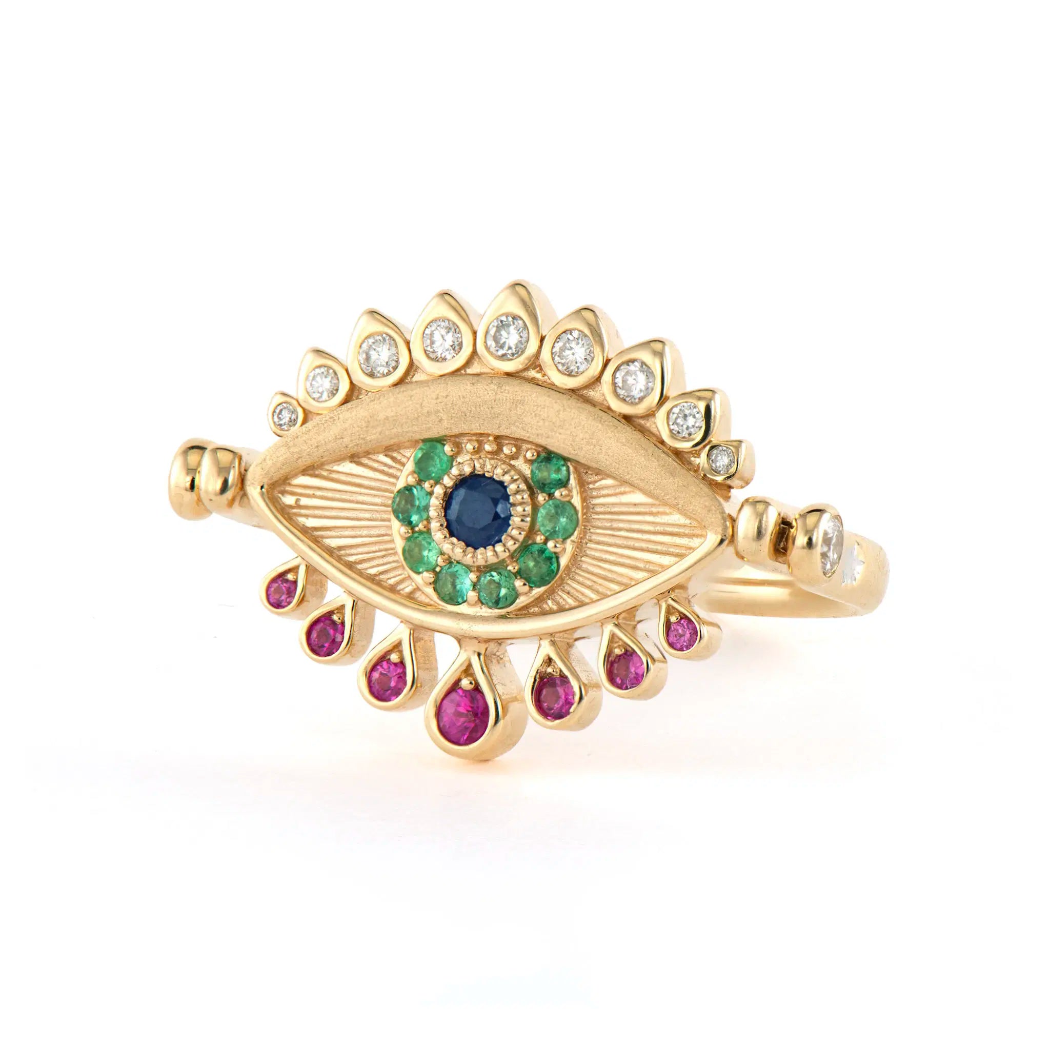 Three Stories Bejeweled Turquoise Evil Eye Flip Ring in 14K Yellow Gold, Size 6.5