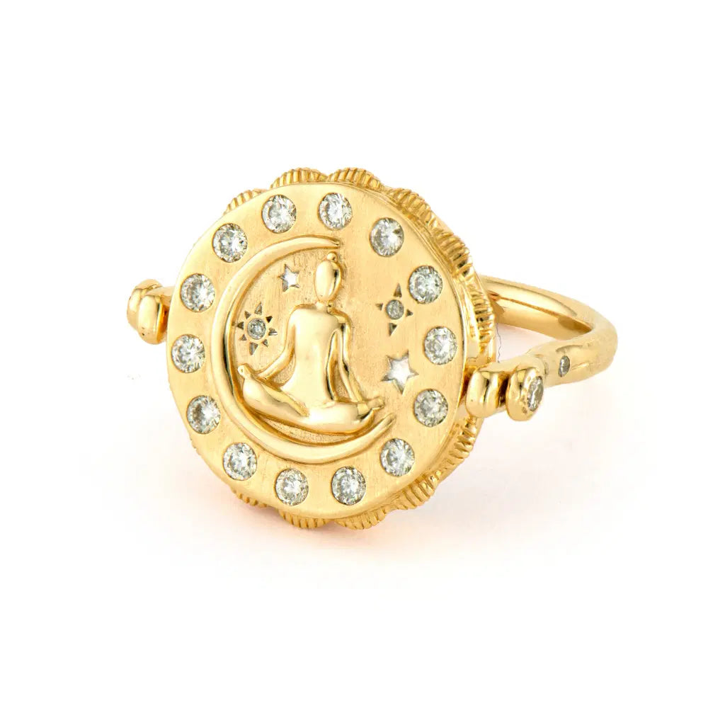 Three Stories Spiritual Woman Lotus Flip Ring in 14K Yellow Gold, Size 6.5