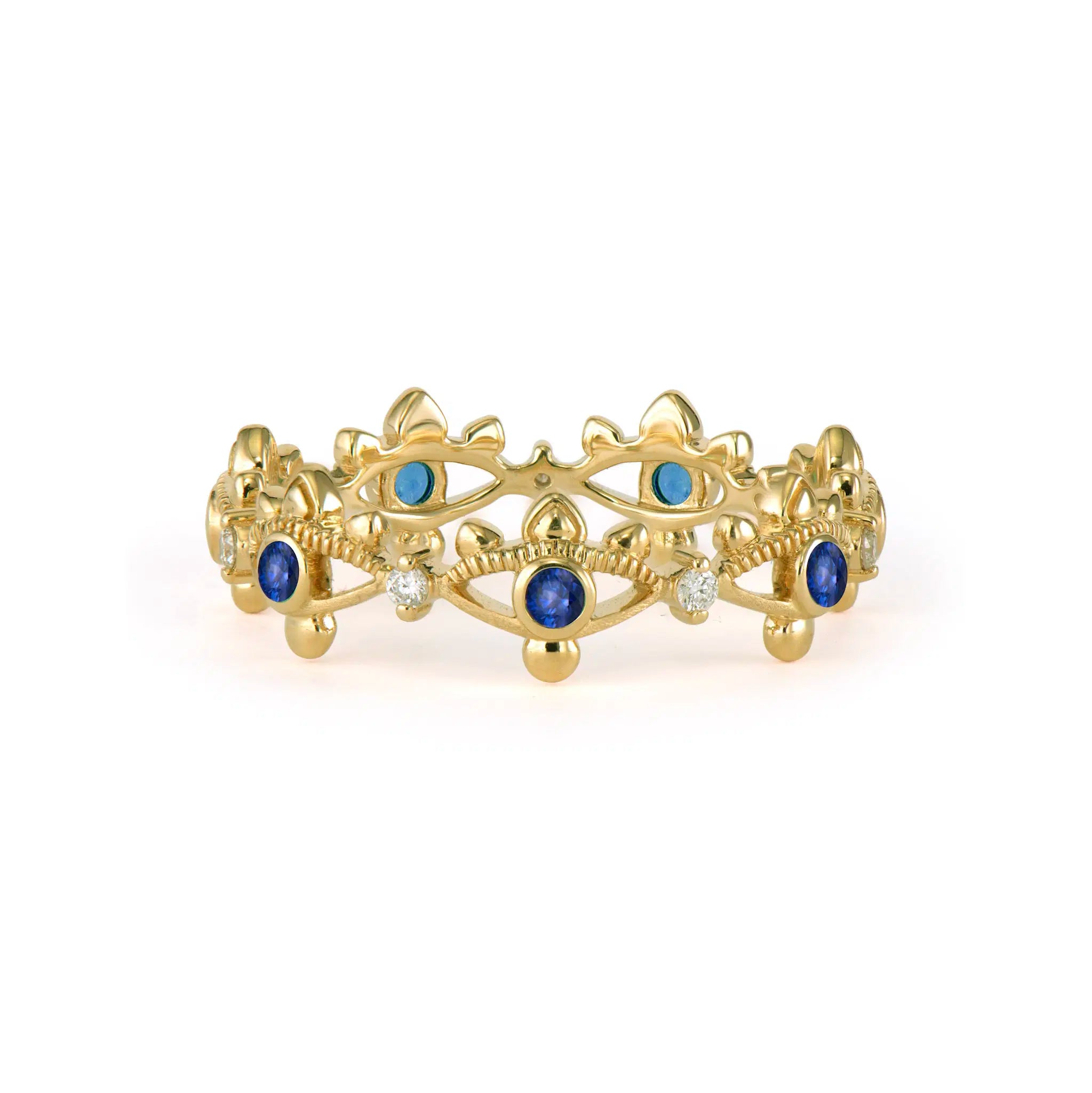 Three Stories Sapphire Evil Eye Diamond Band Ring in 14K Yellow Gold, Size 6.5