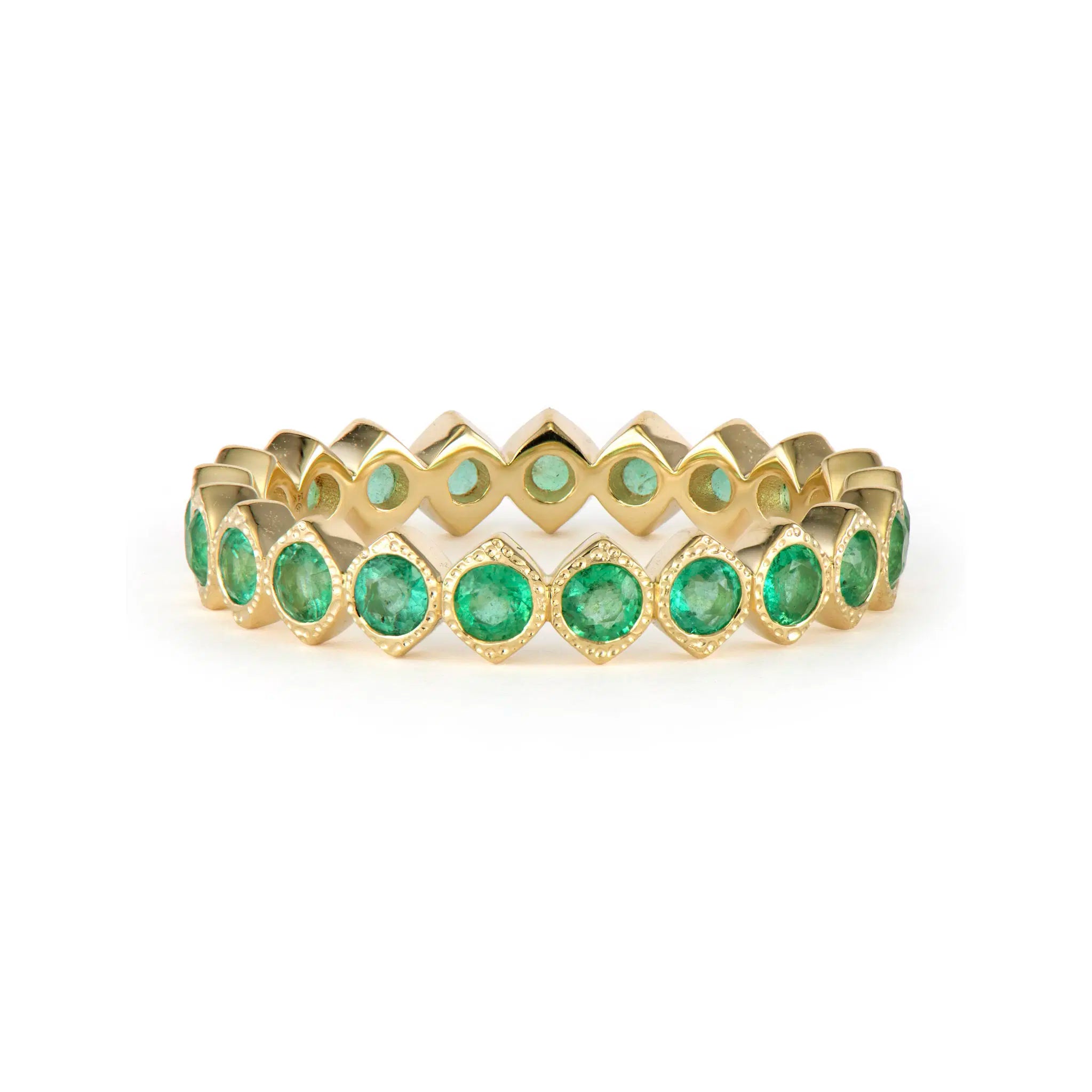 Three Stories Emerald Eternity Band in 14K Yellow Gold, Size 7