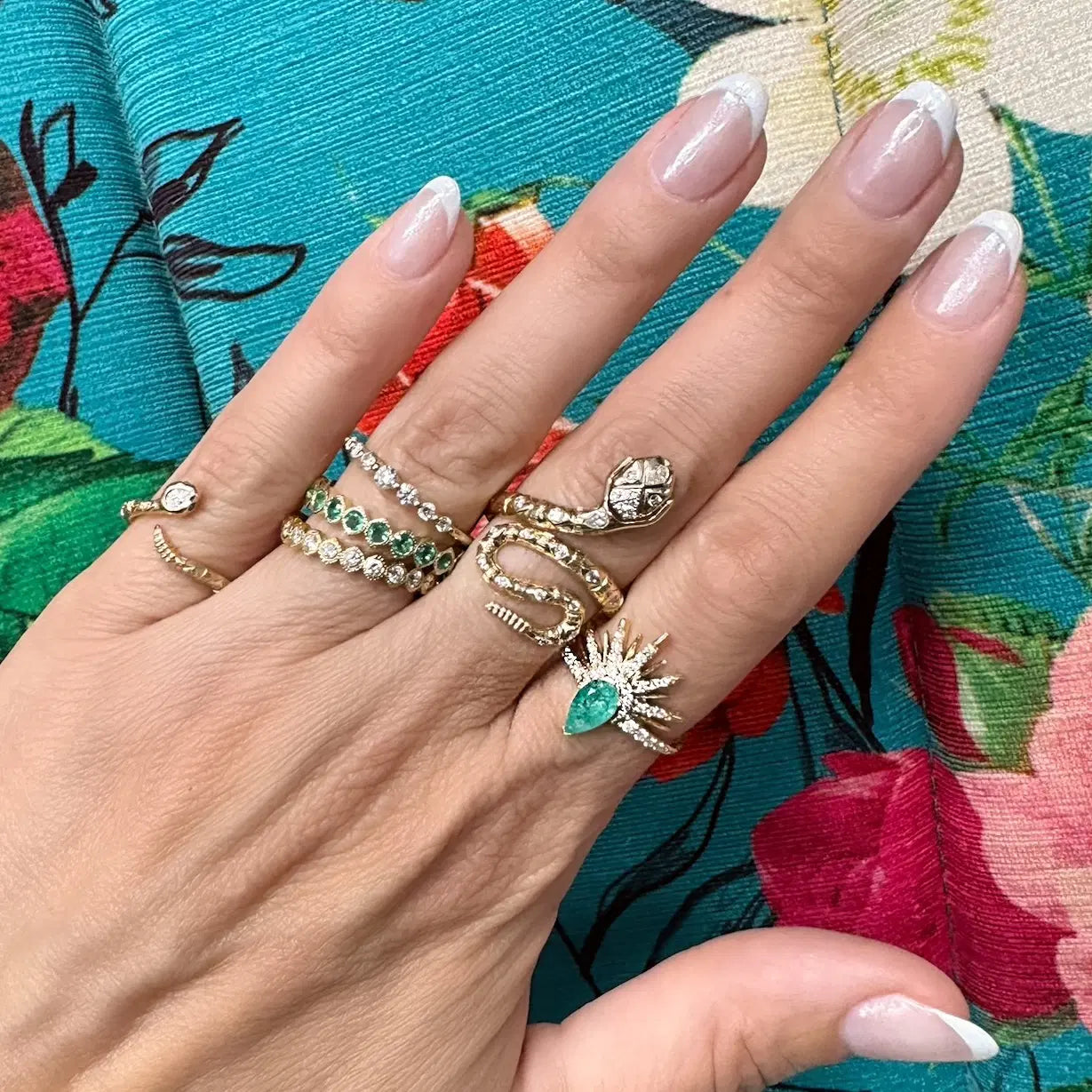 Three Stories Emerald Eternity Band in 14K Yellow Gold, Size 7