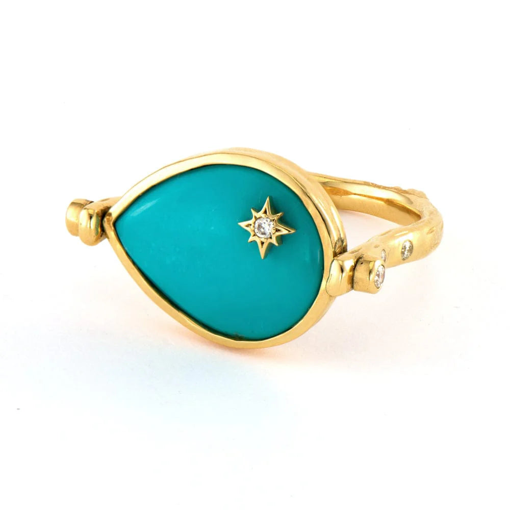 Three Stories Wish on a Star Turquoise Flip Ring in 14K Yellow Gold, Size 6.5