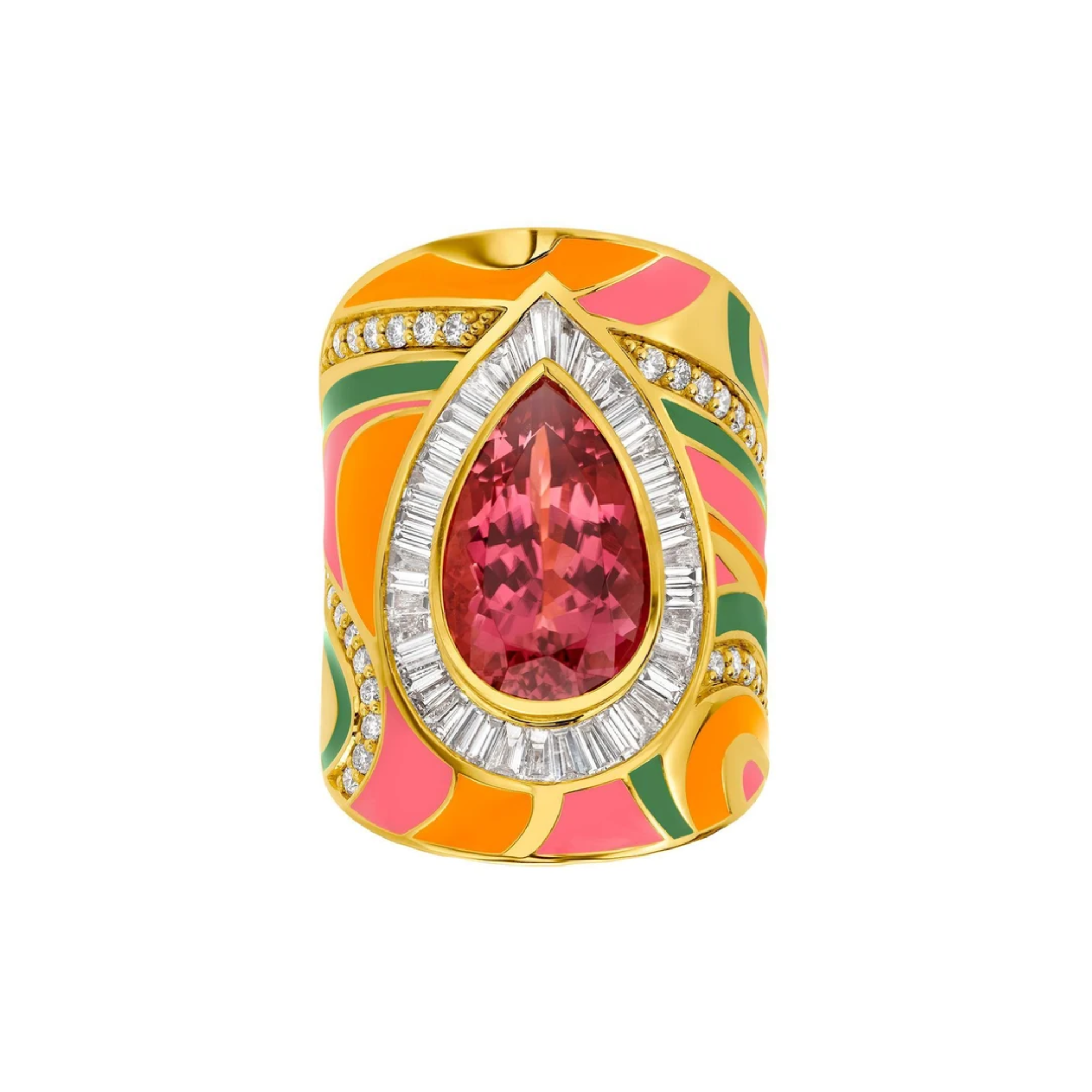 Buddha Mama Pink & Orange Swirl Wrap Ring in 20K Yellow Gold, Size 7.5