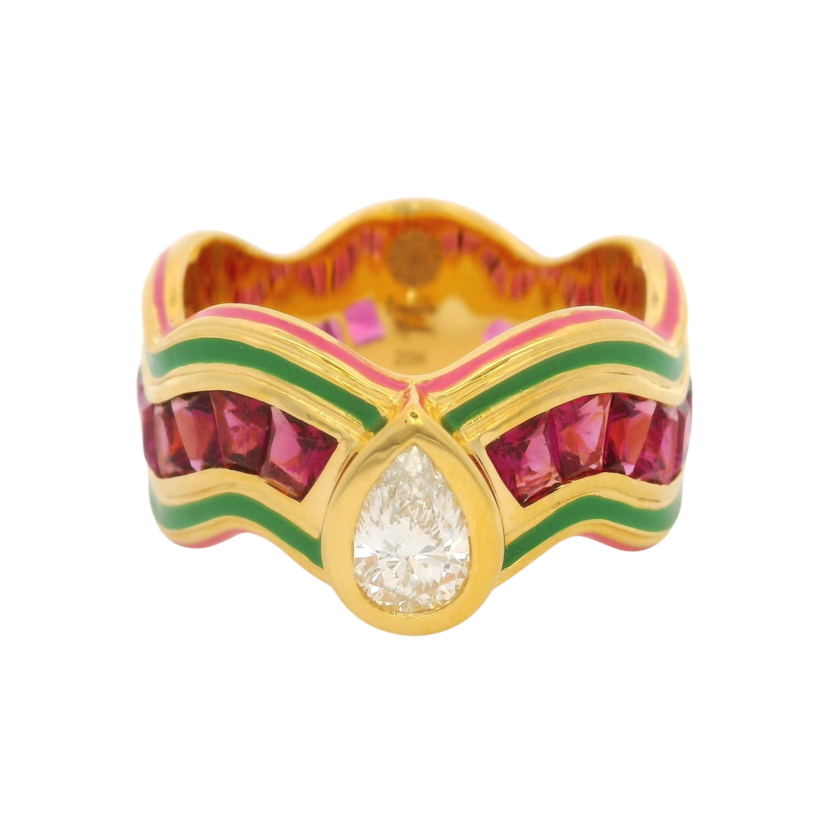 Buddha Mama Pink & Orange Double Wave Ring in 20K Yellow Gold, Size 8