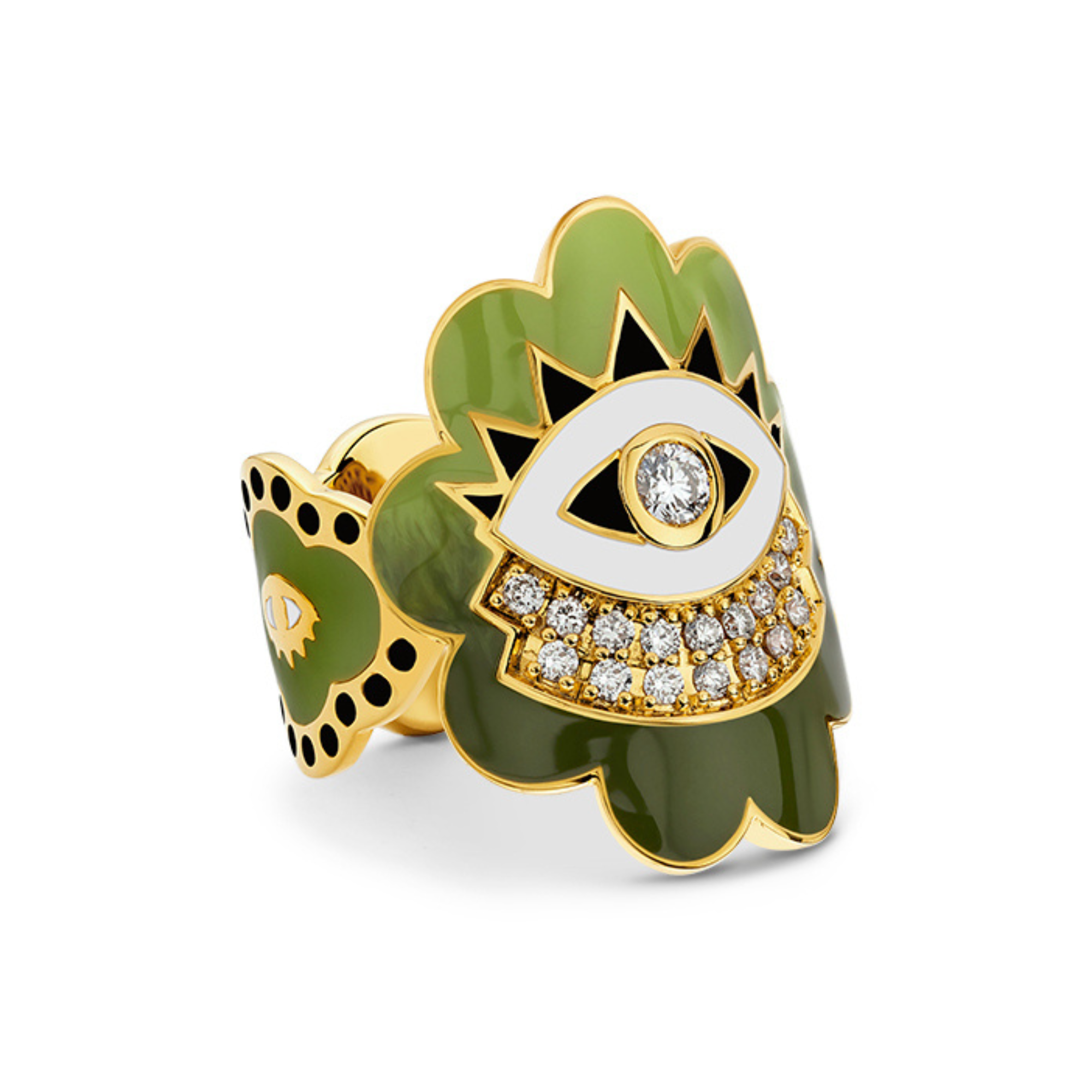 Buddha Mama Army Green Scalloped Evil Eye Wrap Ring in 20K Yellow Gold, Size 7.5