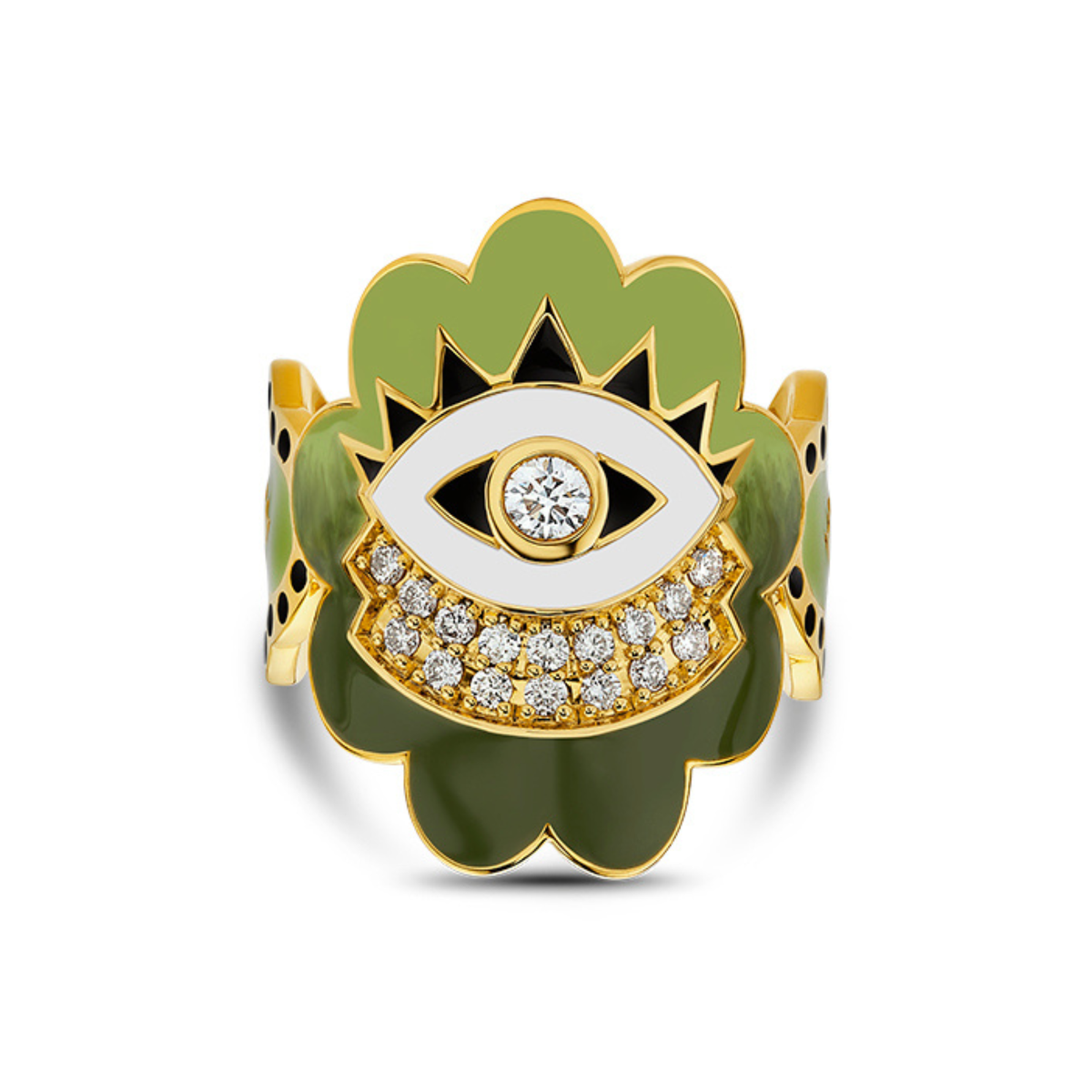 Buddha Mama Army Green Scalloped Evil Eye Wrap Ring in 20K Yellow Gold, Size 7.5