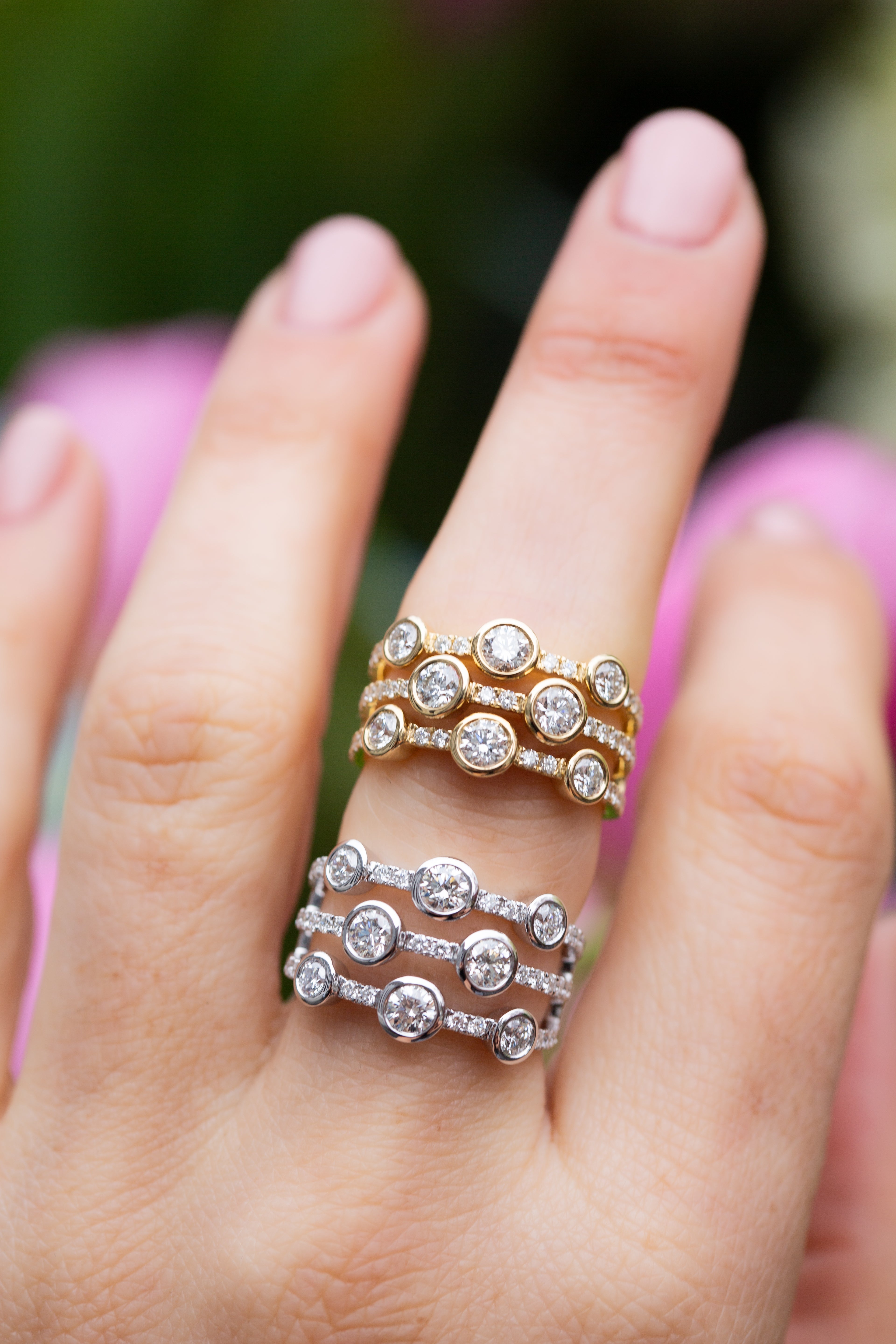 Lauren Multi Row Bezel Set Diamond Ring in 14K Yellow Gold, Size 7