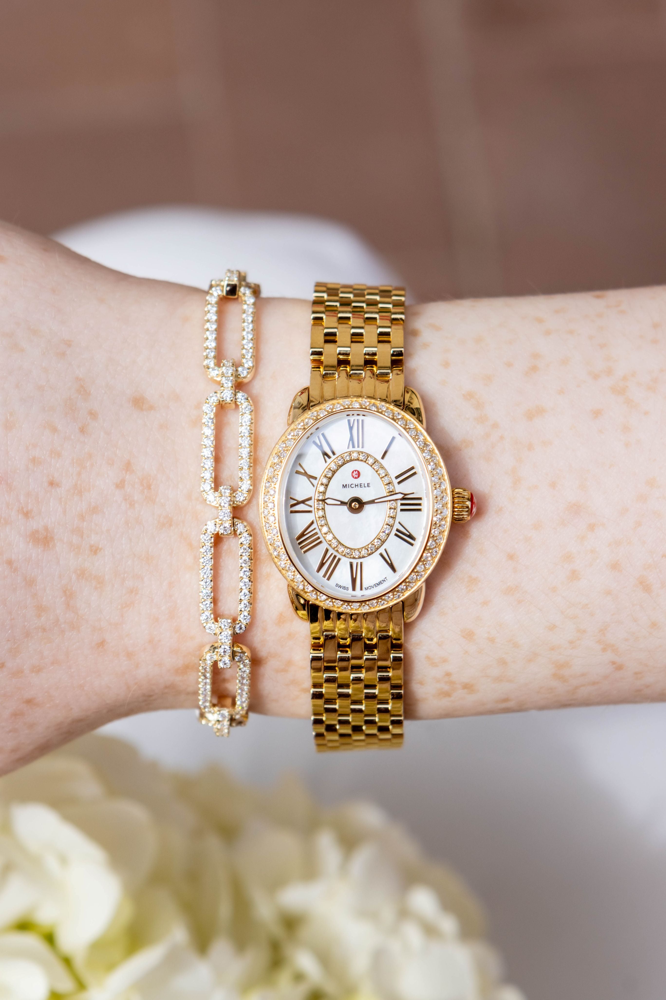 Michele Serein Oval 18K Gold-Plated Diamond Watch, 27MM