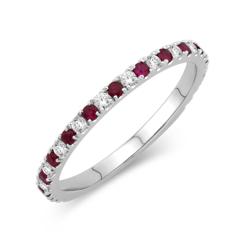 Alternating Ruby Diamond Ring in 14K White Gold, Size 6.5