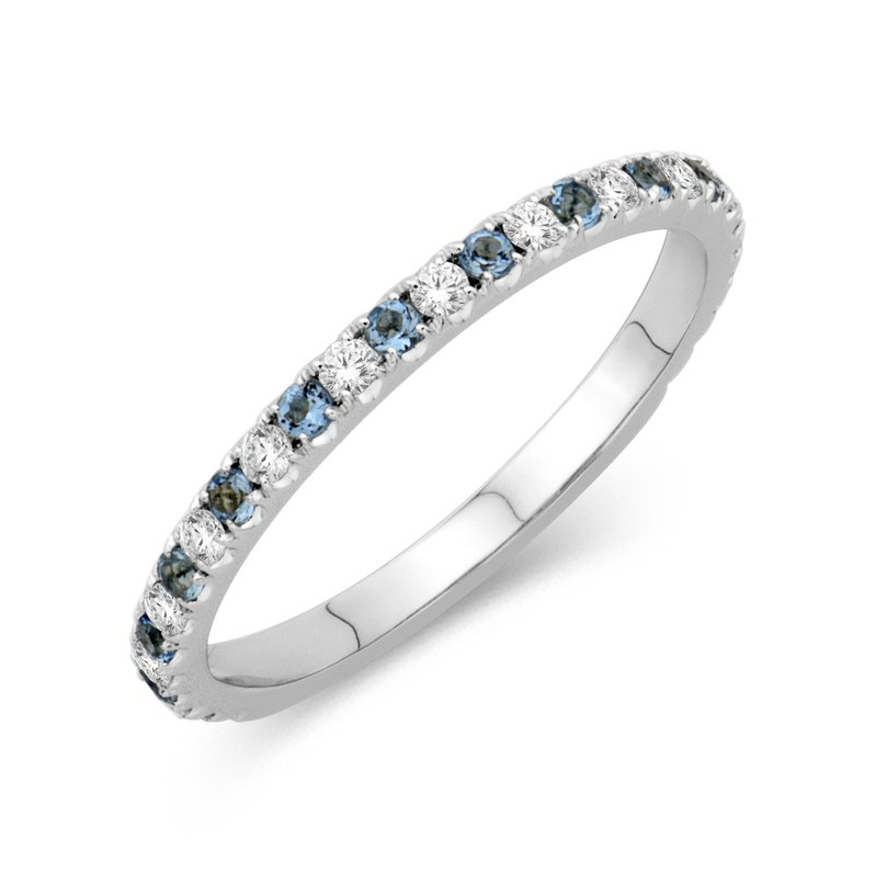 Alternating Blue Topaz Diamond Ring in 14K White Gold, Size 6.5