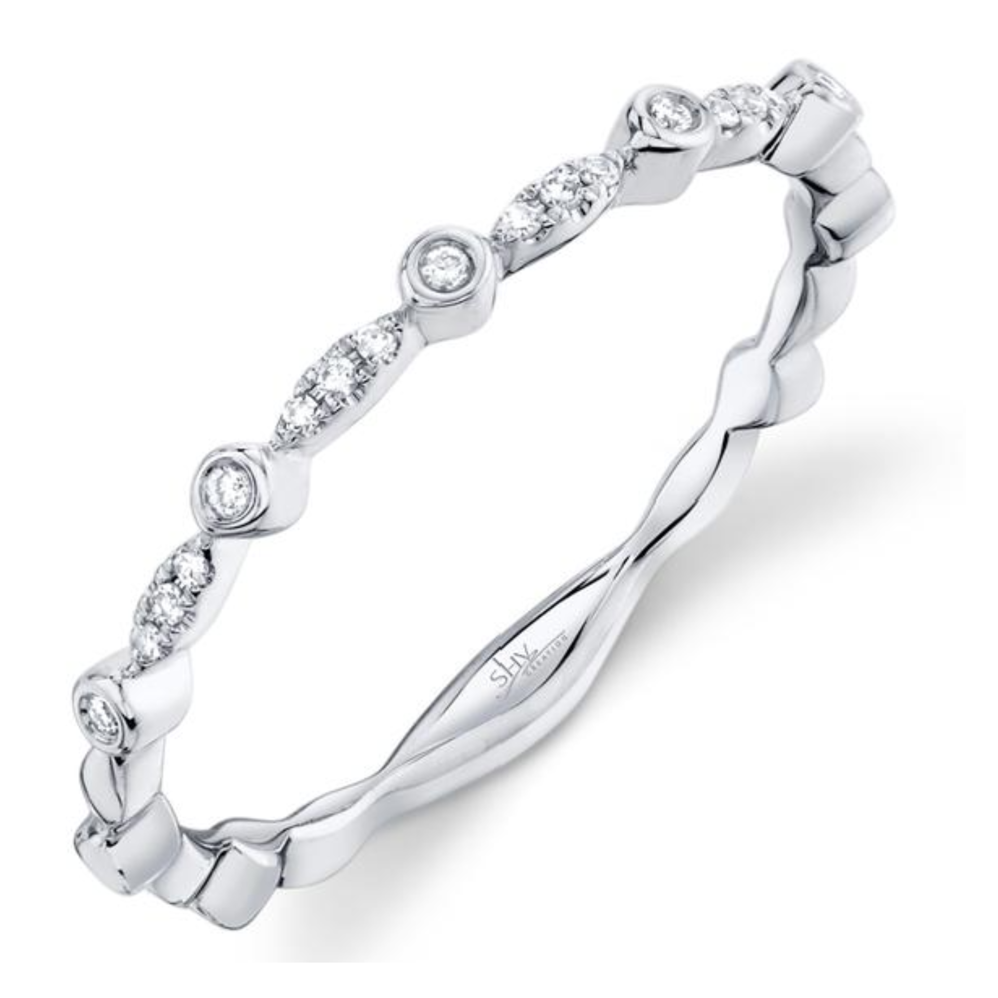 Alternating Bezel & Pave Diamond Ring in 14K White Gold, Size 7