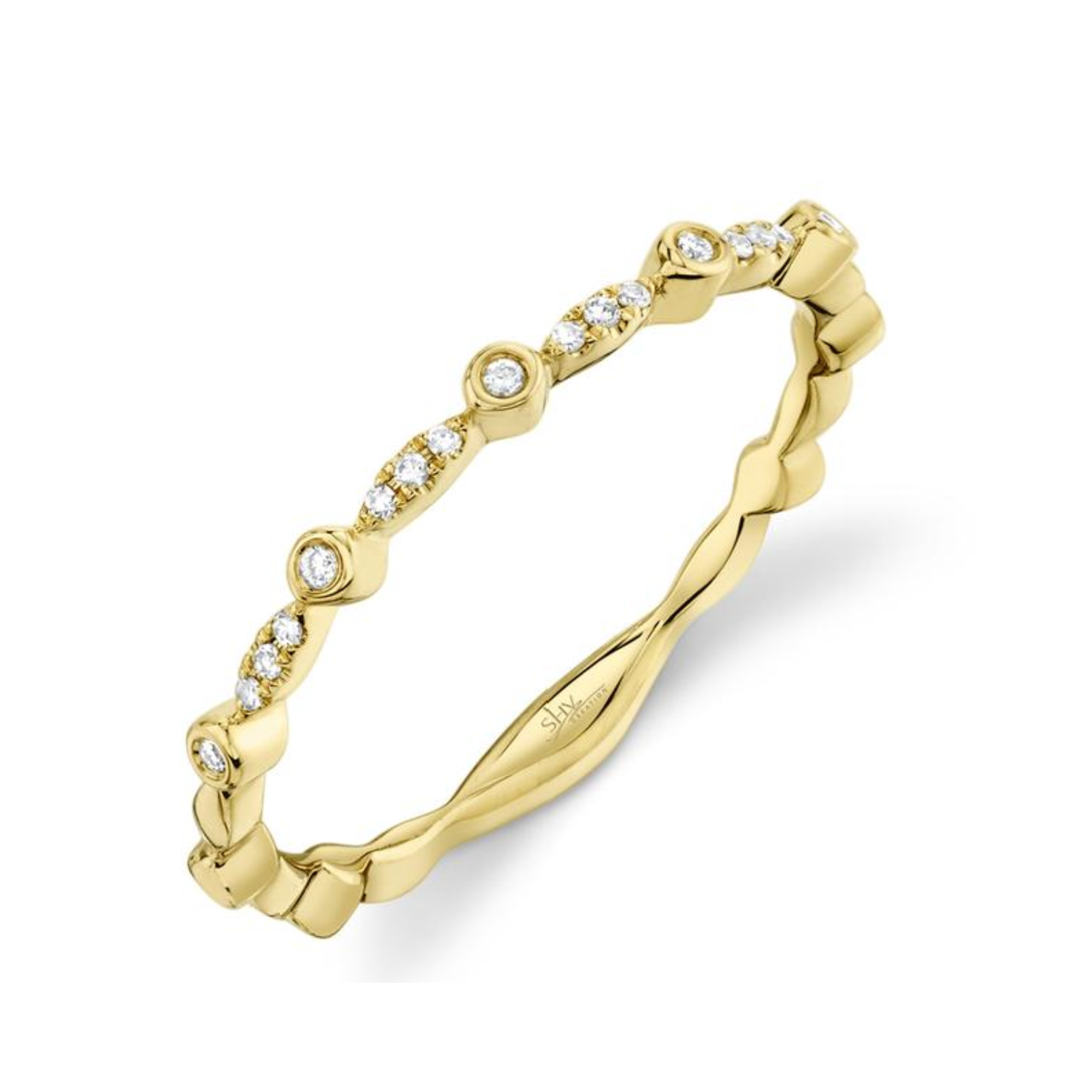 Alternating Bezel & Pave Diamond Ring in 14K Yellow Gold, Size 7