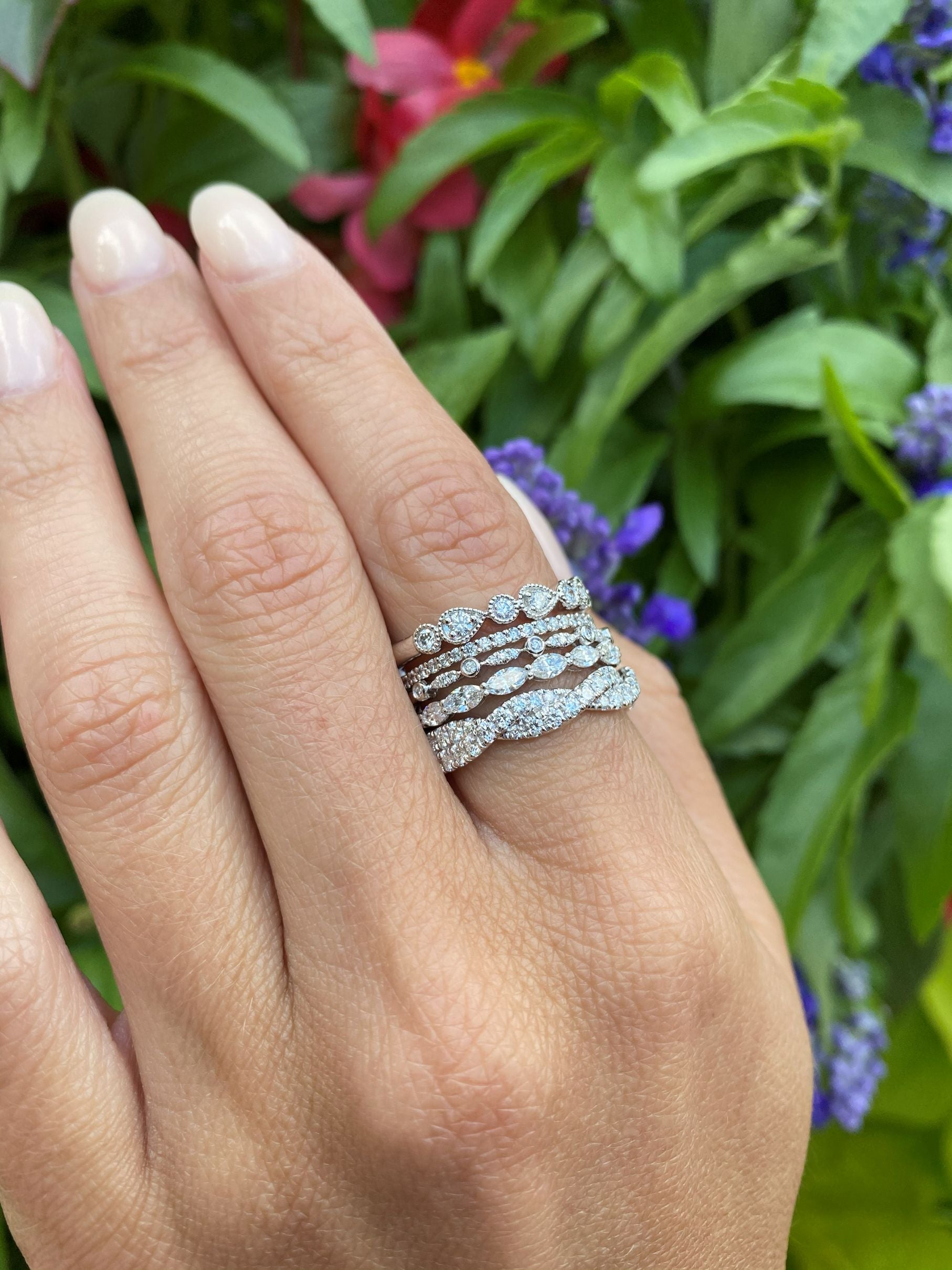 Alternating Bezel & Pave Diamond Ring in 14K White Gold, Size 7