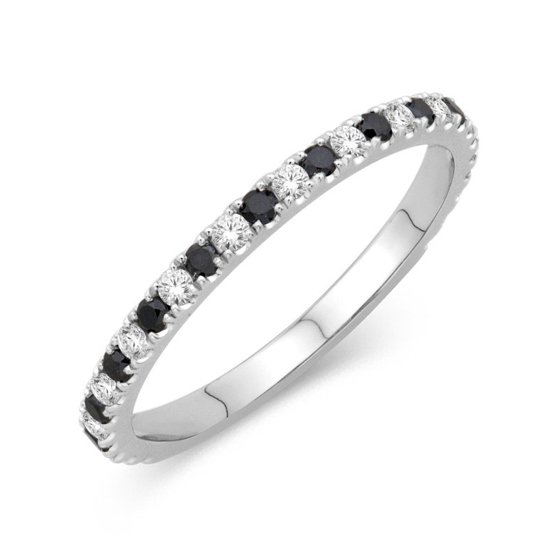 Alternating Black & White Diamond Band in 14K White Gold, Size 6.5