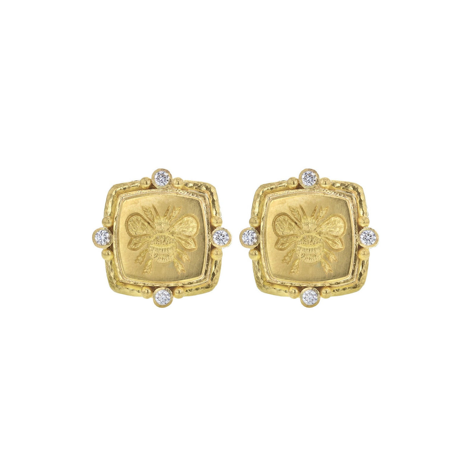 Elizabeth Locke Cushion Bee Stud Earrings with Diamonds in Yellow Gold