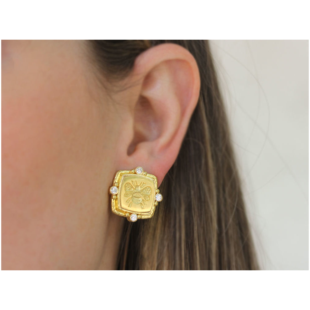 Elizabeth Locke Cushion Bee Stud Earrings with Diamonds in Yellow Gold