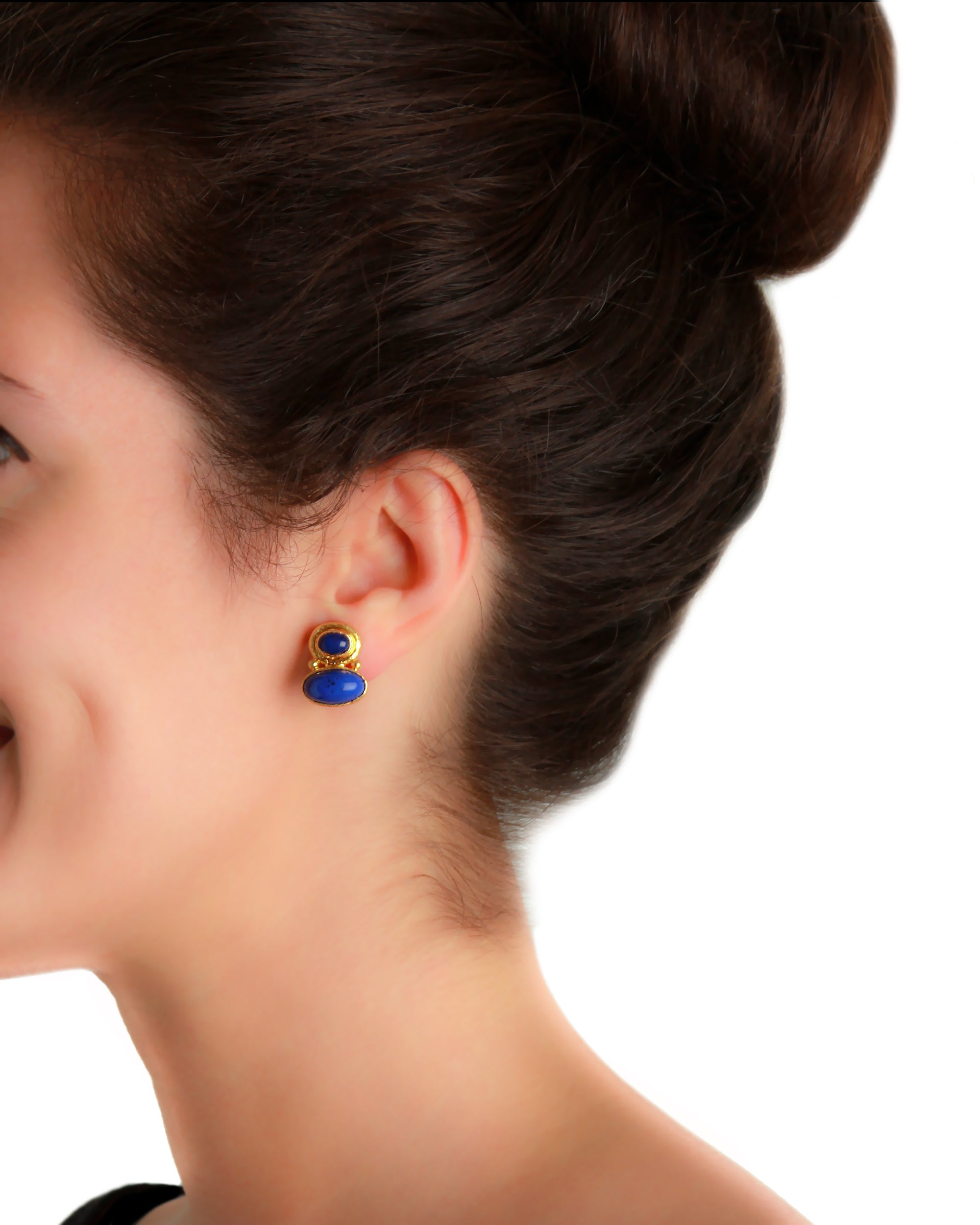 Elizabeth Locke Lapis Oval Earrings in Yellow Gold