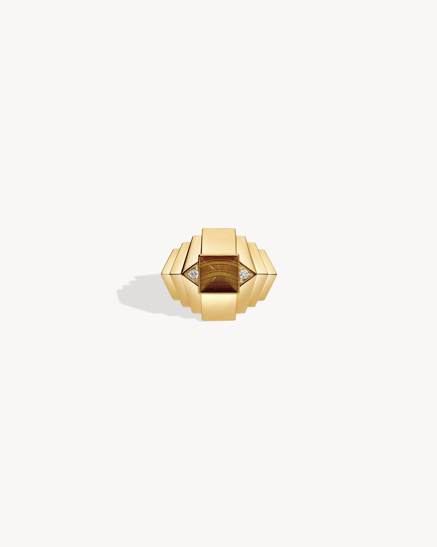 Statement Paris Tiger's Eye Rockaway Mini Pyramid Ring in 18K Yellow Gold, Size 6