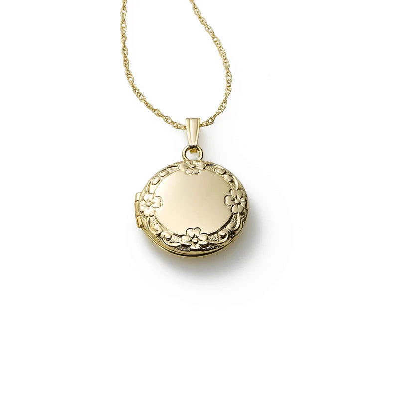 Children's Round Floral Engraved Locket Necklace in 14K Yellow Gold