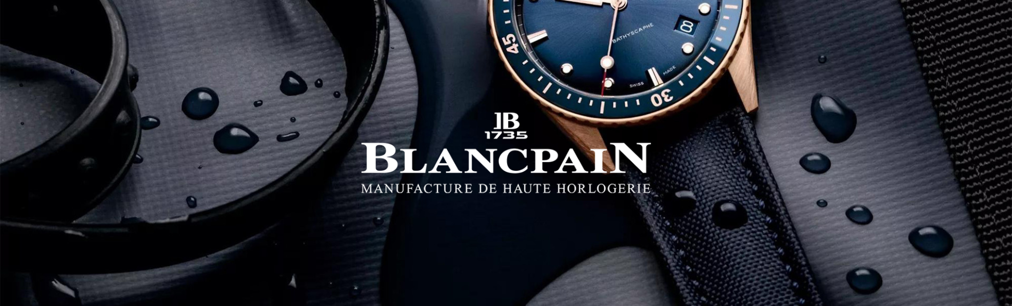 Blancpain watch with water droplets on a dark background