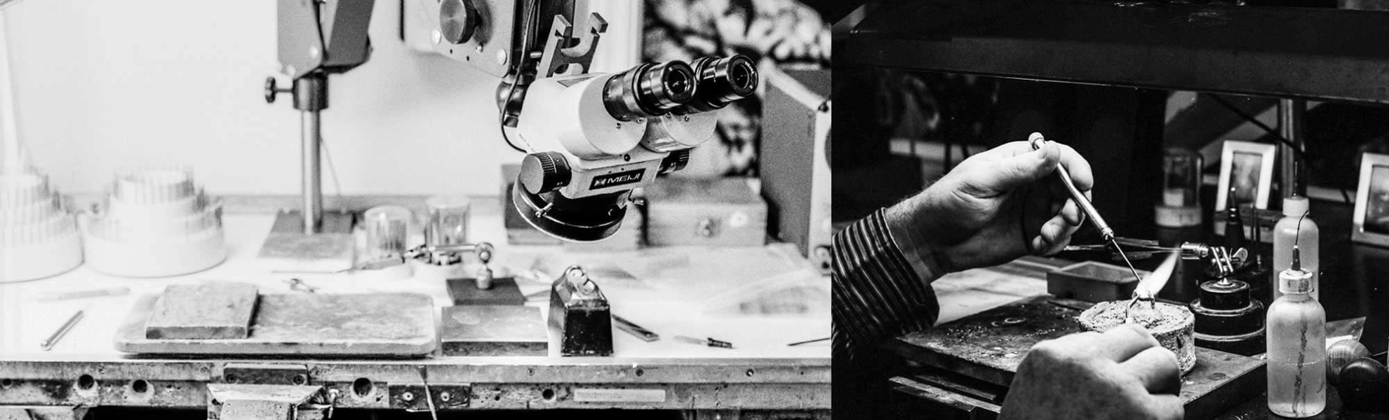 Collage of a workshop scene with tools and a close-up of hands working.