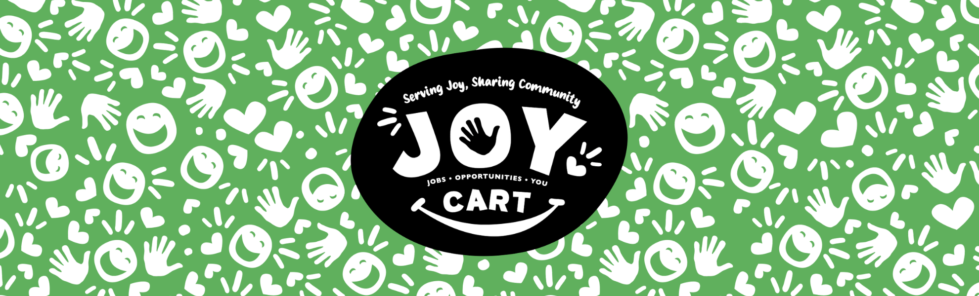 JOY Cart logo on a green background with white handprints and smiley faces