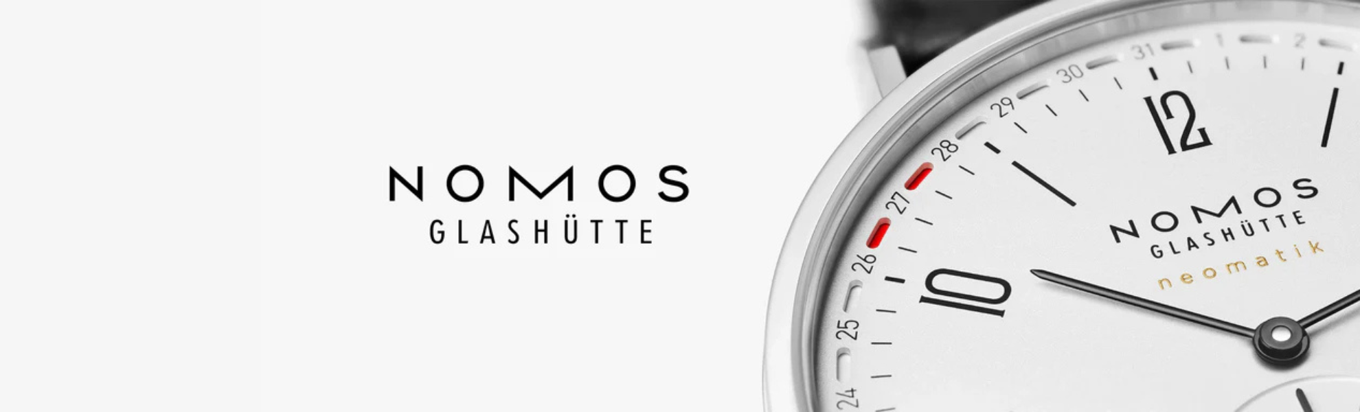 Nomos Glashütze watch with white face and black hands on a white background