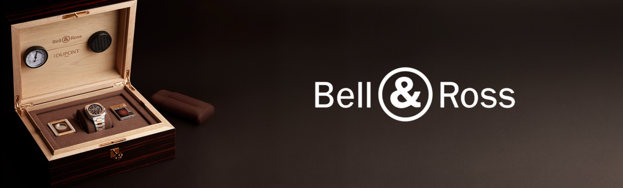 Bell & Ross watch set in a wooden box with the brand logo on a dark background