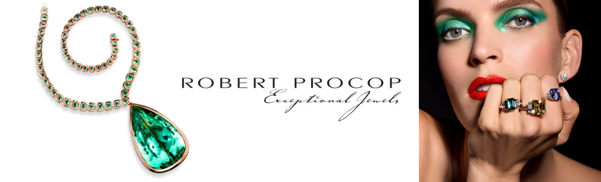 Teal pendant necklace with 'Robert Procop' branding on a white background, next to a model wearing jewelry.