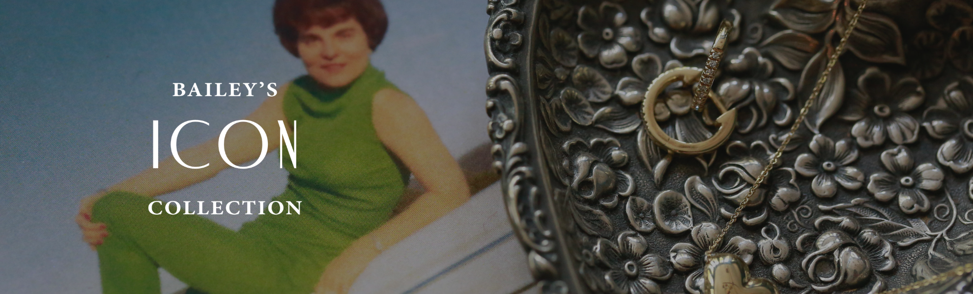 Woman in green dress sitting next to an ornate jewelry box with 'Bailey's Icon Collection' text.