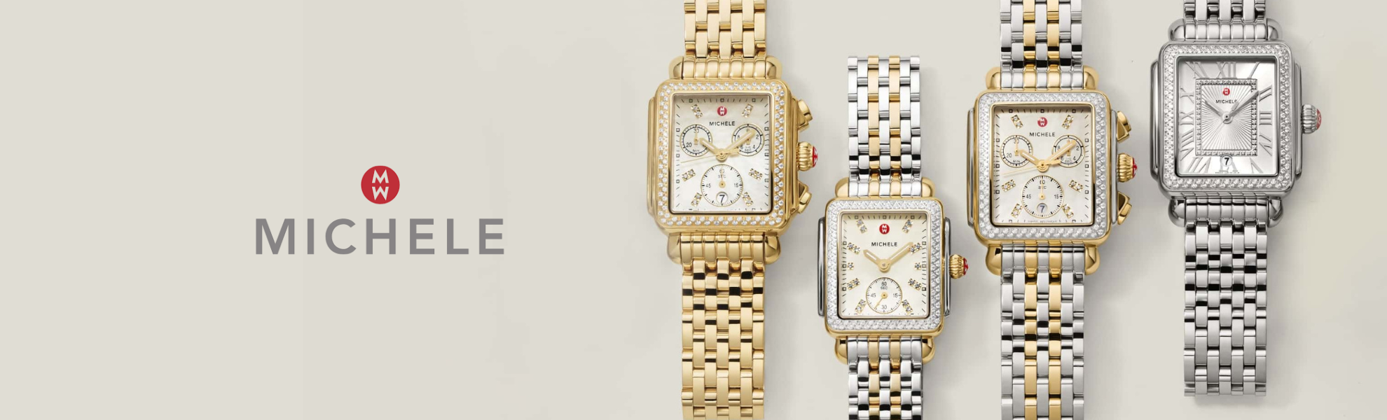 Four Michele watches in different designs on a light gray background