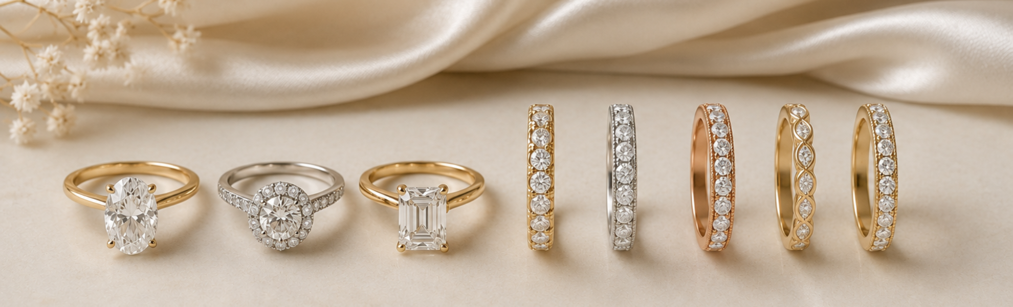 Set of gold and silver rings on a soft fabric background