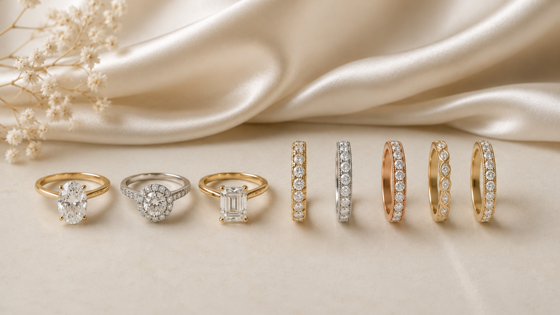 Set of gold and silver rings on a satin surface with decorative flowers.
