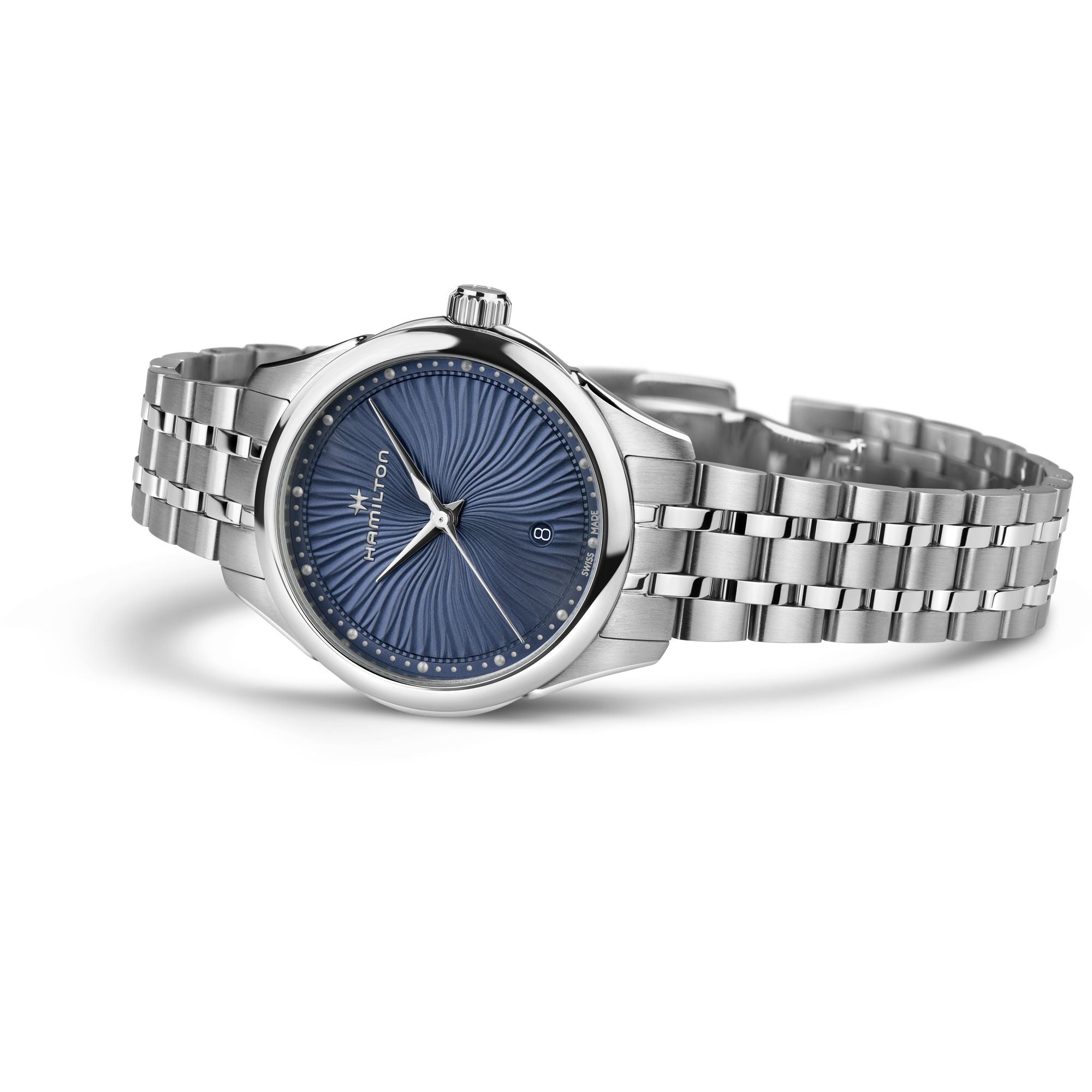 A women's Hamilton watch featuring a silver stainless steel case and link bracelet, with a textured blue sunburst dial and silver hands.