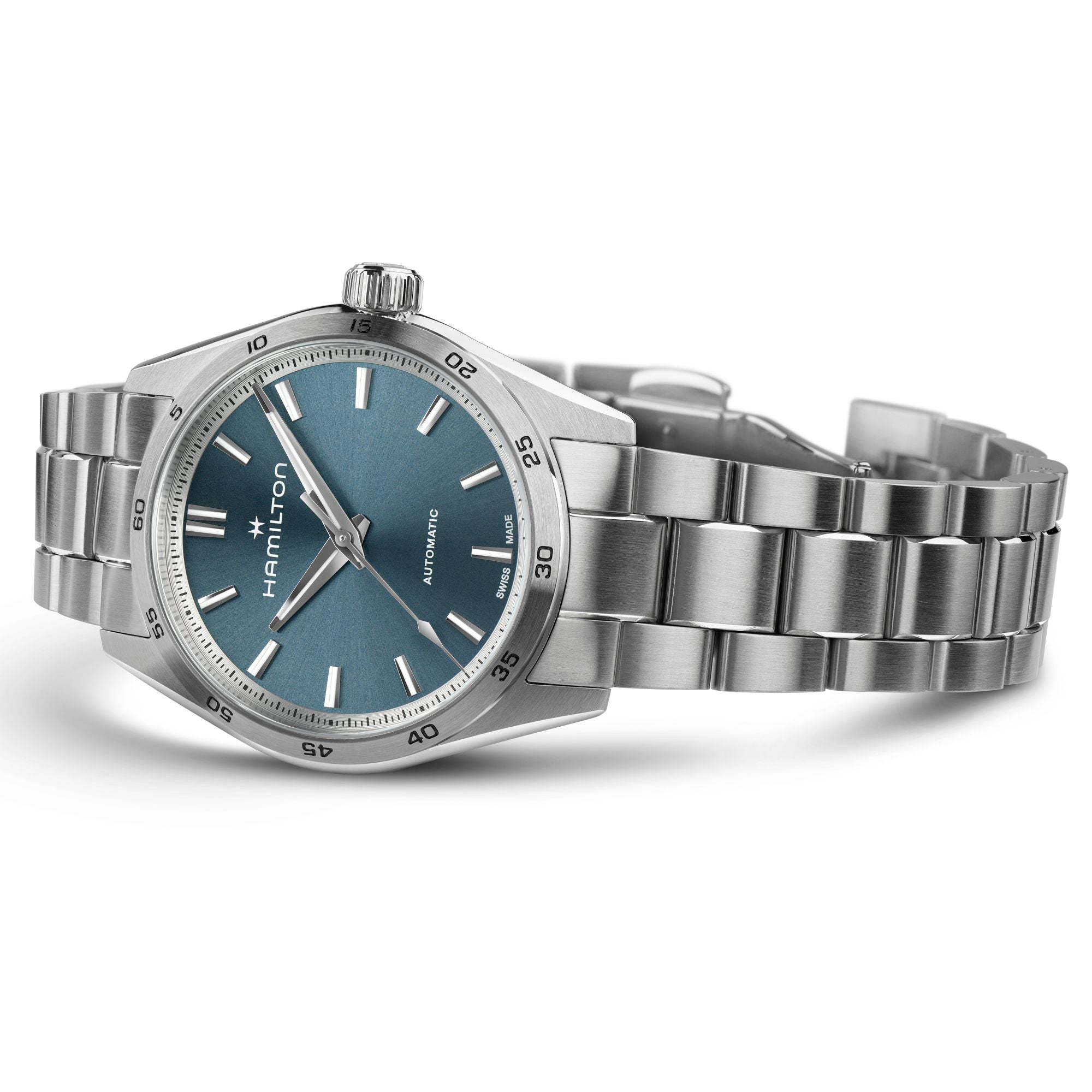 Hamilton Automatic watch with a silver stainless steel case and bracelet, featuring a blue dial with silver-tone hands and markers.
