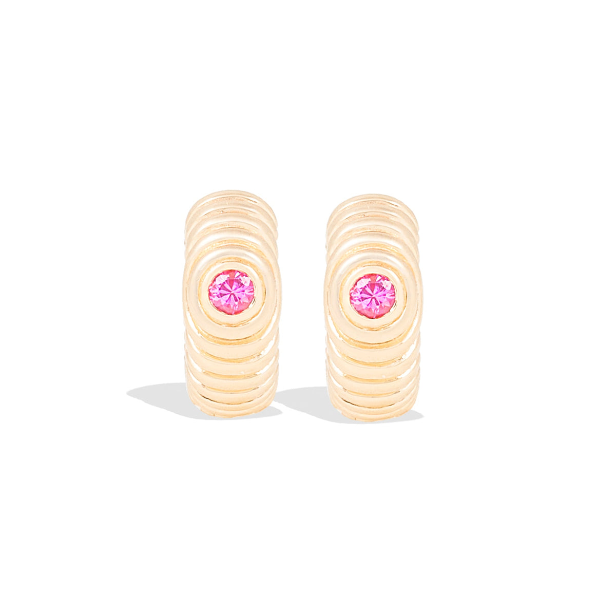 Campbell + Charlotte Revel Ribbed Pink Sapphire Huggie Hoop Earrings in 14K Yellow Gold