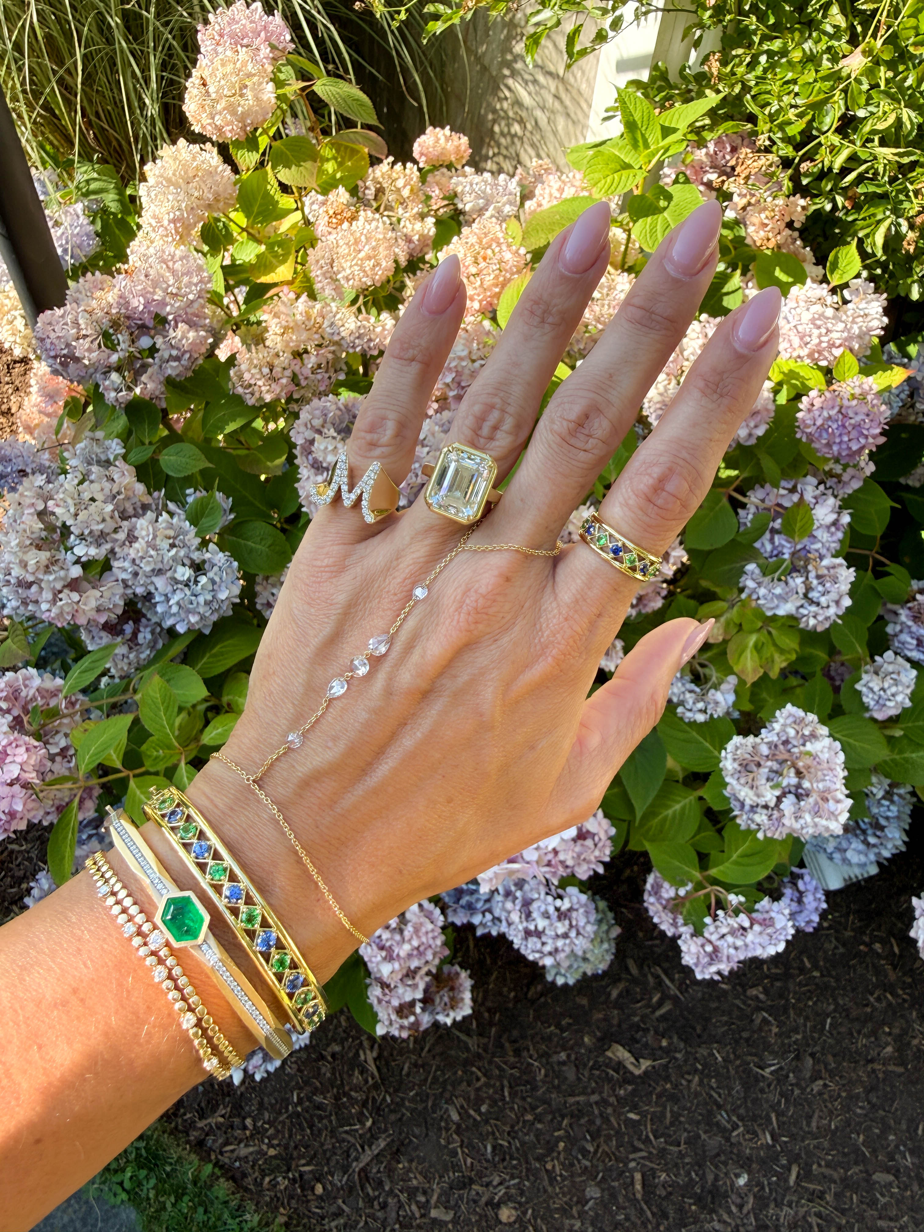 Tsavorite & Sapphire Tribal Ring in 18K Yellow Gold, Size 6.5