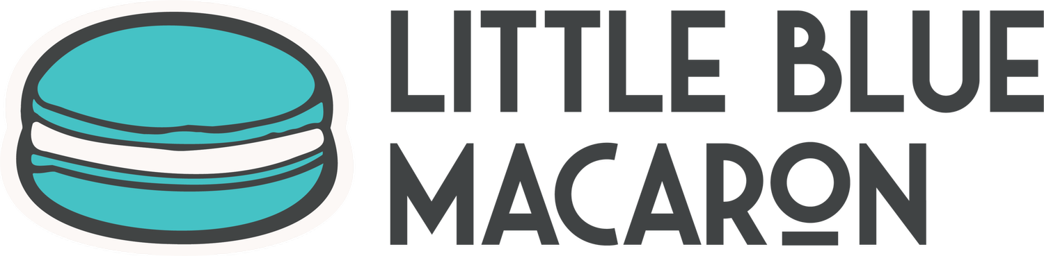 Logo of Little Blue Macaron with a blue macaron illustration on a white background