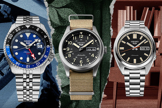 Three watches displayed against a collage of blue, green, and brown backgrounds