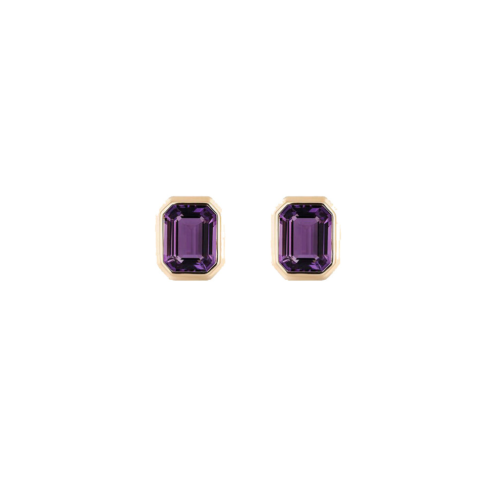 Goshwara Manhattan Amethyst Emerald Cut Bezel Set Stud Earrings in Yellow Gold