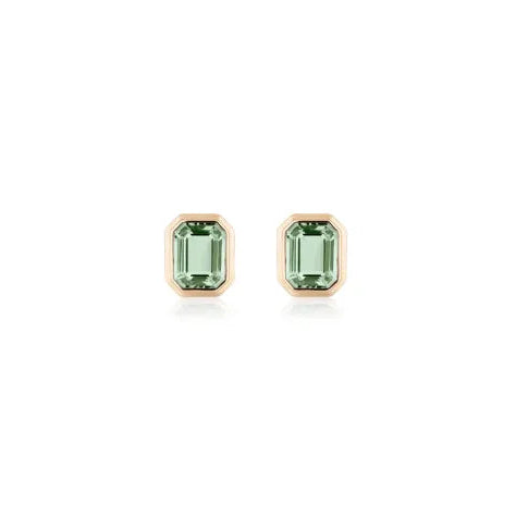 Goshwara Prasiolite Emerald Cut Bezel Set Stud Earrings in Yellow Gold